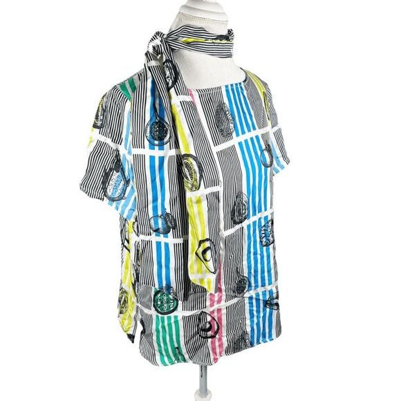 Vilagallo Colorful Stripe Fruit Slice Print Top Neck tie Silk Boxy Size 44 US 10 - Picture 4 of 11